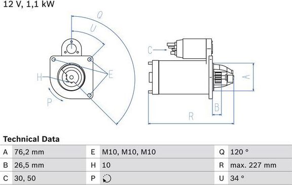 Стартер Bosch для Volvo V50 I 2005-2012. Артикул 0 986 017 060