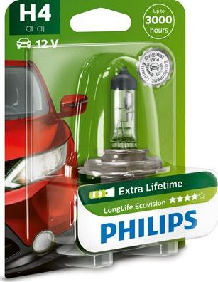 H4 12V- 60/55W (P43t) (увелич. срок службы) LongLife EcoVision блистер (1шт) Philips LongLife EcoVision. Артикул 12342LLECOB1
