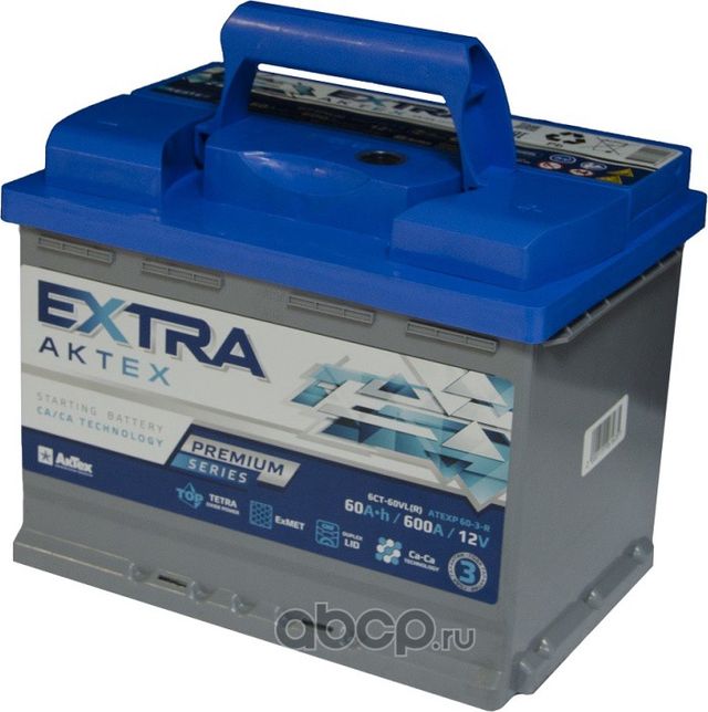 аккумулятор АКТЕХ EXTRA PREMIUM 60 А/ч 600A обр. п. (242х175х190) 6СТ-60 VL (R) (Aktex). Артикул ATEXP603R