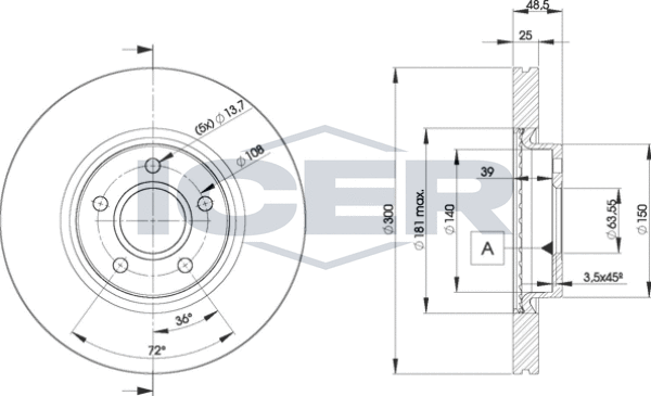 Тормозной диск Icer передний для Volvo S40 II 2004-2012. Артикул 78BD3937-2