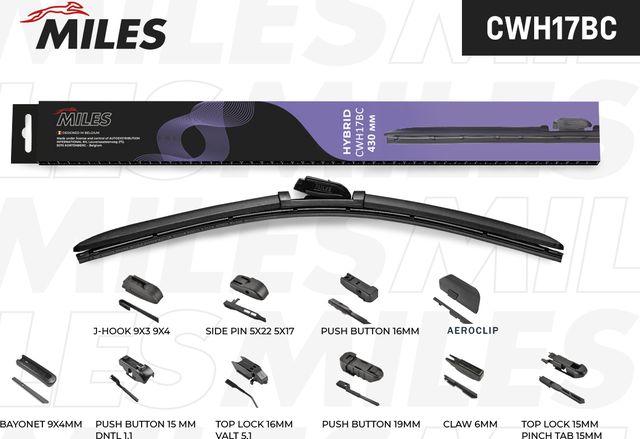 Щётка стеклоочистителя 430 мм (17) гибридная (10 адаптеров) (Miles). Артикул CWH17BC
