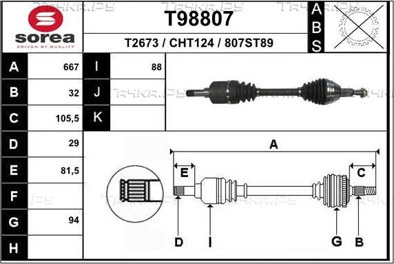 Полуось (привод в сборе, приводной вал) EAI. Артикул T98807
