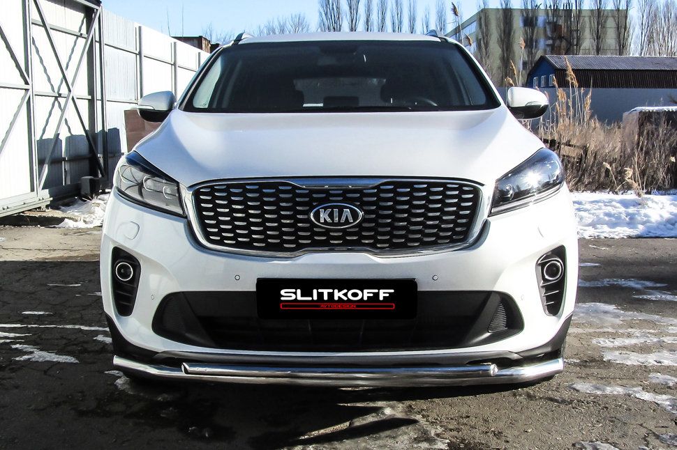 Защита Slitkoff переднего бампера d57/42 двойная для Kia Sorento III (Prime) рестайлинг 2017-2020. Артикул KS17-001
