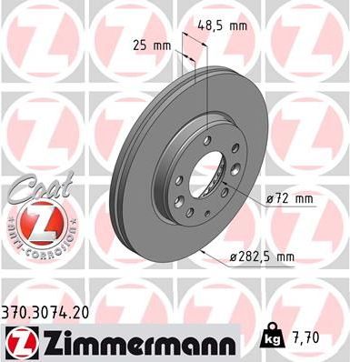 Тормозной диск Zimmermann Coat Z передний для Mazda 6 I (GG) 2002-2008. Артикул 370.3074.20