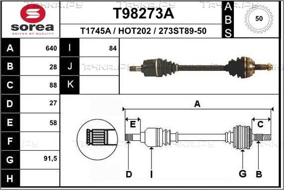 Полуось (привод в сборе, приводной вал) EAI. Артикул T98273A