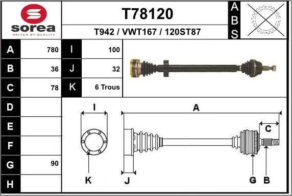 Полуось (привод в сборе, приводной вал) EAI. Артикул T78120