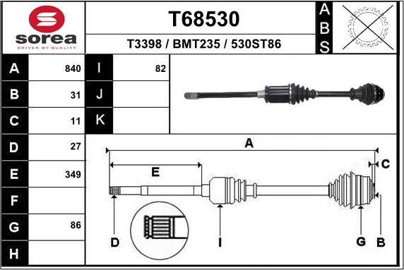Полуось (привод в сборе, приводной вал) EAI. Артикул T68530