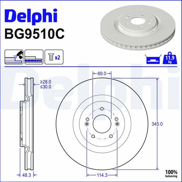 Тормозной диск Delphi для Kia Sorento IV 2020-2026. Артикул BG9510C