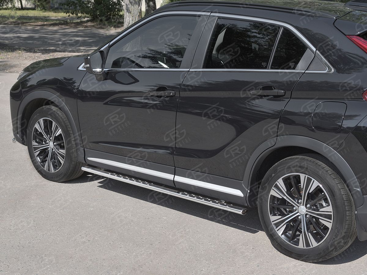 Защита порогов RusStal труба 75х42 овал с проступью для Mitsubishi Eclipse Cross 2018-2026. Артикул MEO-003046