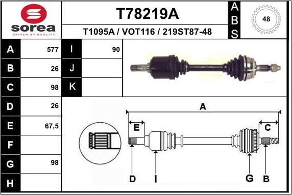 Полуось (привод в сборе, приводной вал) EAI. Артикул T78219A