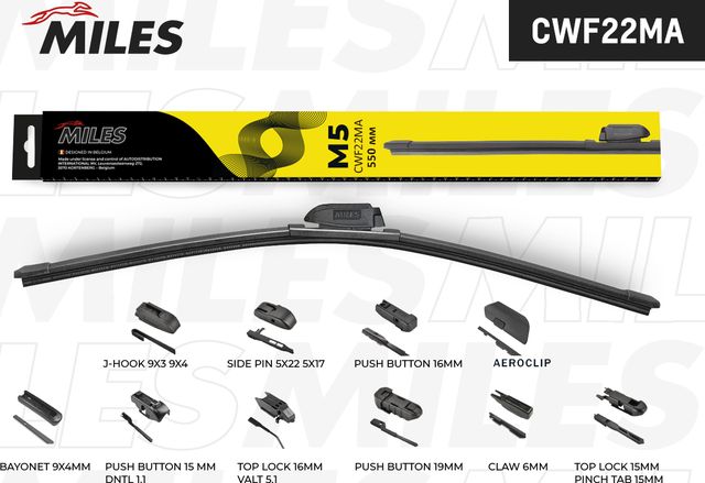 Щётка стеклоочистителя 550 мм (22) бескаркасная (10 адаптеров) (Miles). Артикул CWF22MA