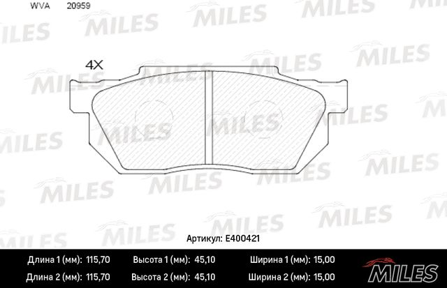Тормозные колодки Miles (Low-Metallic) для Honda Civic IV 1987-1991. Артикул E400421