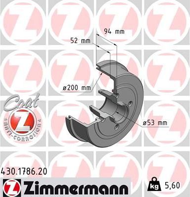 Тормозной барабан Zimmermann Coat Z. Артикул 430.1786.20