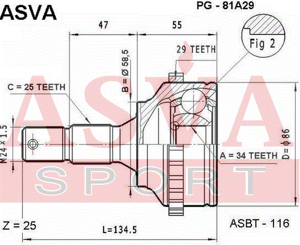 Шрус наружный (граната) Asva передний для Peugeot 406 I 1995-2004. Артикул PG-81A29