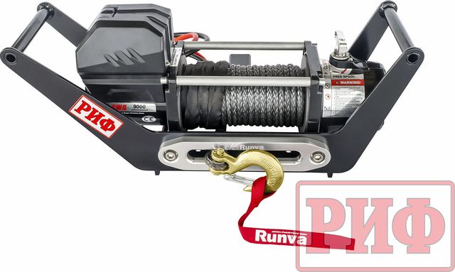 Лебёдка переносная РИФ 9000SR c площадкой в квадрат для фаркопа и проводами (в сборе) синтетический трос. Артикул EWG9000USR-KIT