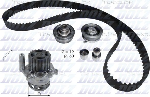 Помпа (водяной насос) с комплектом ремня ГРМ Dolz для Volkswagen Polo IV 2001-2009. Артикул KD104
