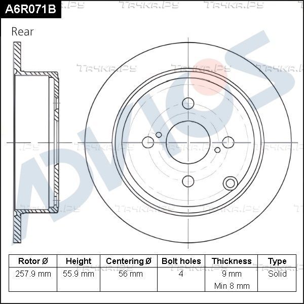 Тормозной диск Advics для Toyota Corolla E120, E130 2001-2008. Артикул A6R071B
