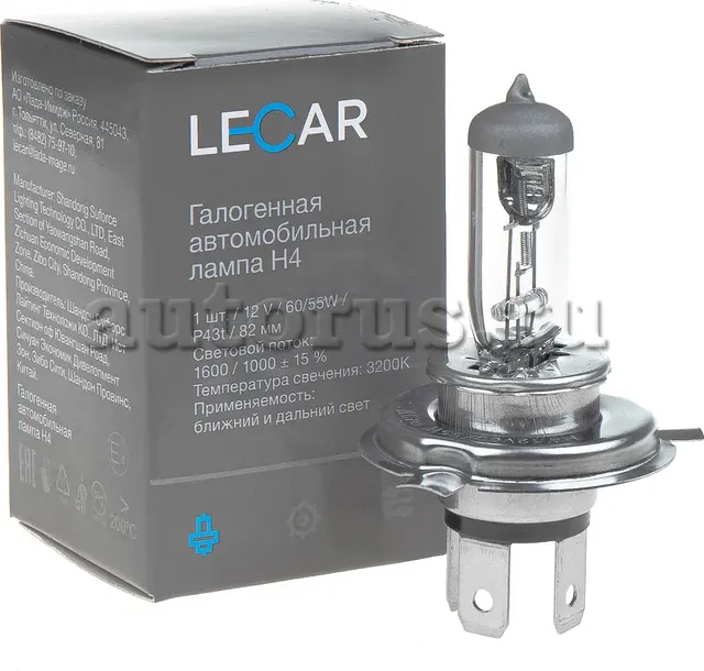 ЛАМПА ГАЛОГЕН.H4 12 V 60/55 W (P43T) (LECAR). Артикул LECAR000041301