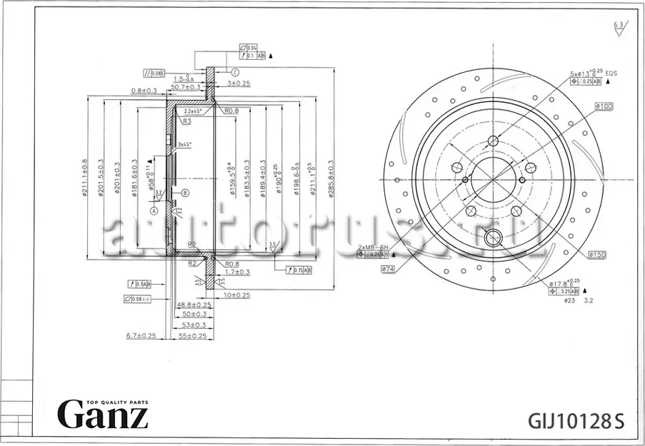 Диск тормозной задний перфорированный PRO-Line с покрытием (компл.2 шт) SUBARU F (Ganz). Артикул GIJ10128S