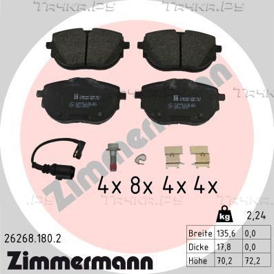 Тормозные колодки Zimmermann передние для Volkswagen Multivan T6 2019-2026. Артикул 26268.180.2