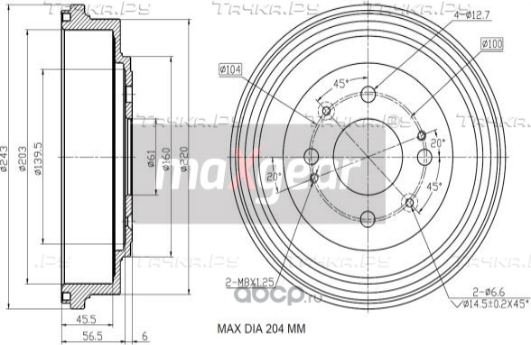 Тормозной барабан MaXgear задний для Rover Streetwise 2003-2005. Артикул 19-3192