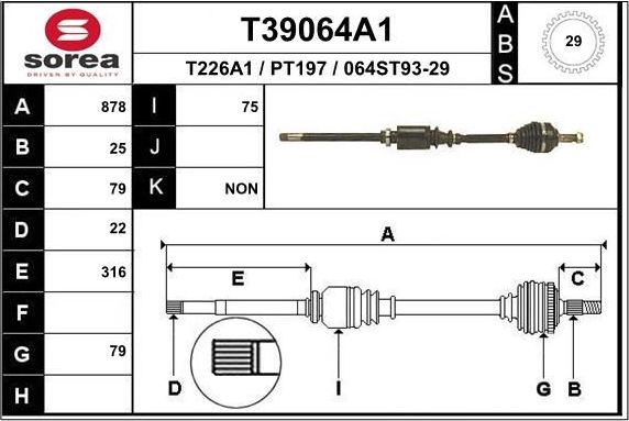 Полуось (привод в сборе, приводной вал) EAI для Peugeot 405 1992-1996. Артикул T39064A1