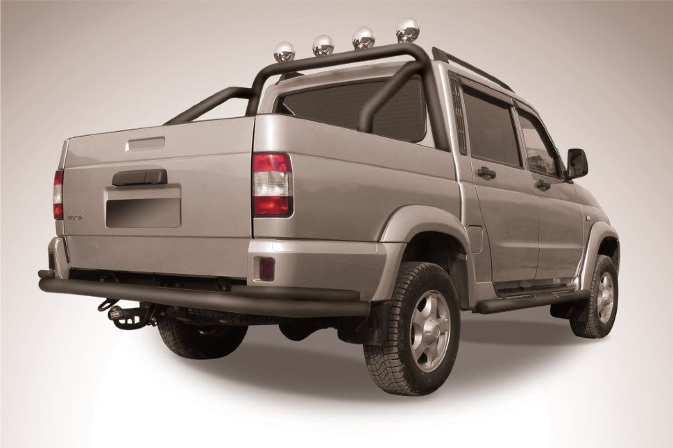 Защита Slitkoff заднего бампера d76+d42 двойная для УАЗ Pickup I рестайлинг 2014-2026 Черная. Артикул UPpic14-010B