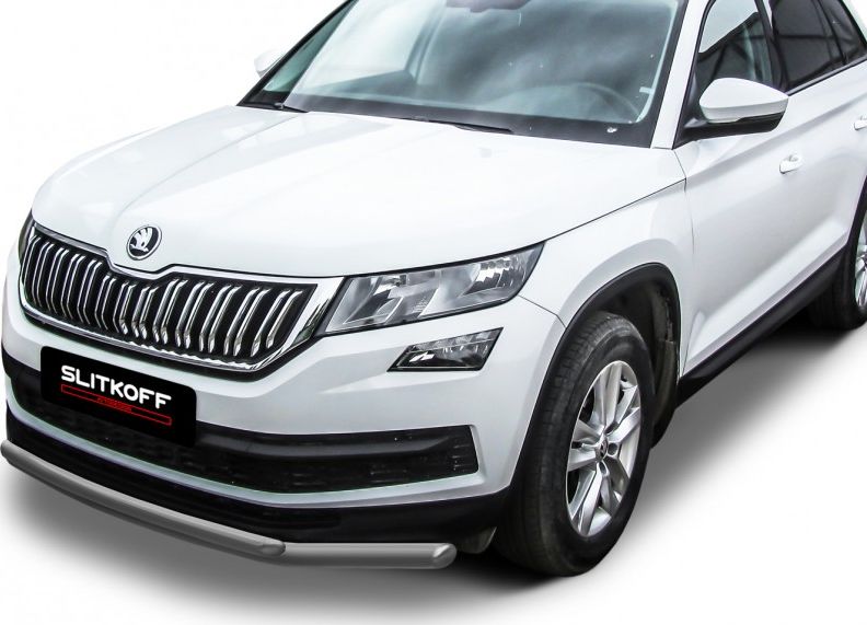 Защита Slitkoff переднего бампера d57+d42 двойная для Skoda Kodiaq 2016-2026 Серебристая. Артикул SKKOD-001S