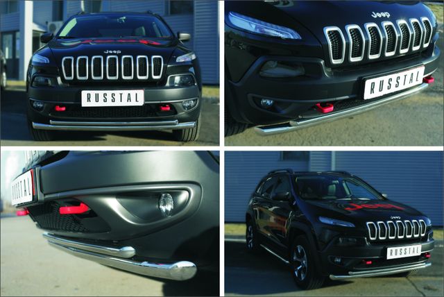 Защита RusStal переднего бампера d63 (секции) d42 (дуга) для Jeep Cherokee KL Trailhawk 2014-2025. Артикул JCZ-001996
