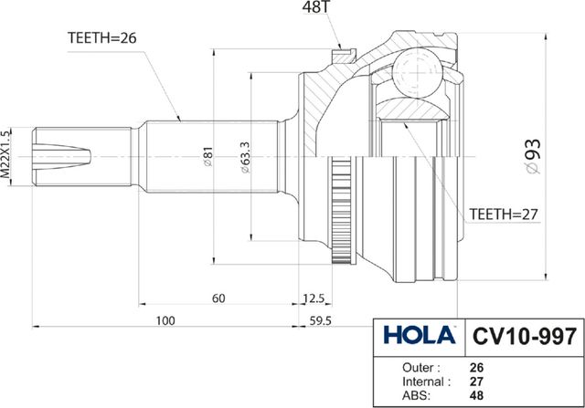 Шрус наружный (граната) HOLA. Артикул CV10-997