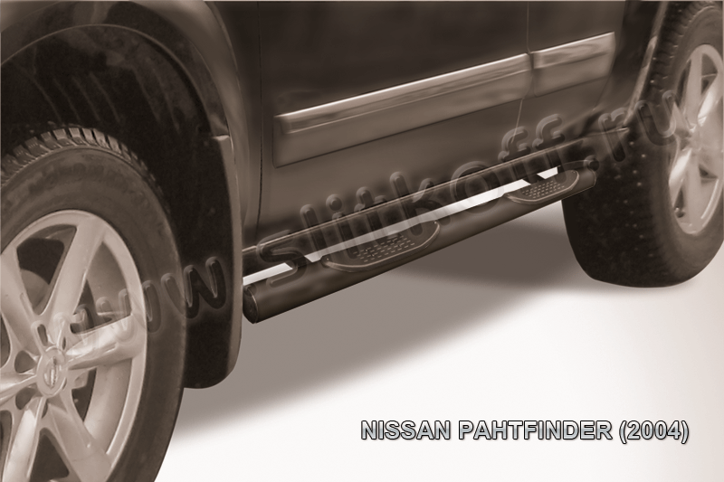 Пороги Slitkoff труба d76 с проступями ЧЕРНЫЕ матовые для Nissan Pathfinder R51 2004-2010. Артикул NIP007B