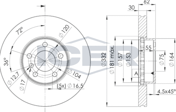 Тормозной диск Icer передний для BMW X5 II (E70) 2006-2013. Артикул 78BD1985-2