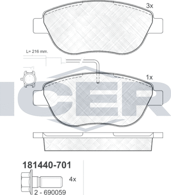 Тормозные колодки Icer передние для Fiat Stilo 2001-2008. Артикул 181440-701