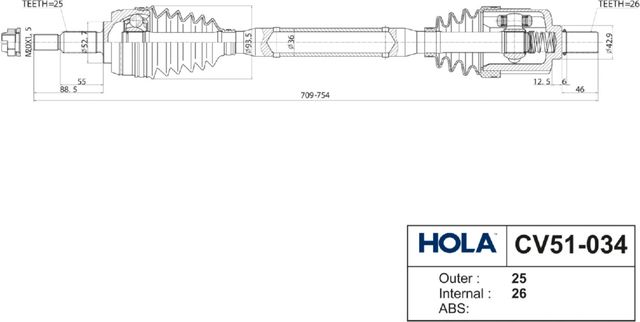 Полуось (привод в сборе, приводной вал) HOLA. Артикул CV51-034