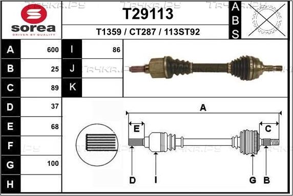 Полуось (привод в сборе, приводной вал) EAI. Артикул T29113