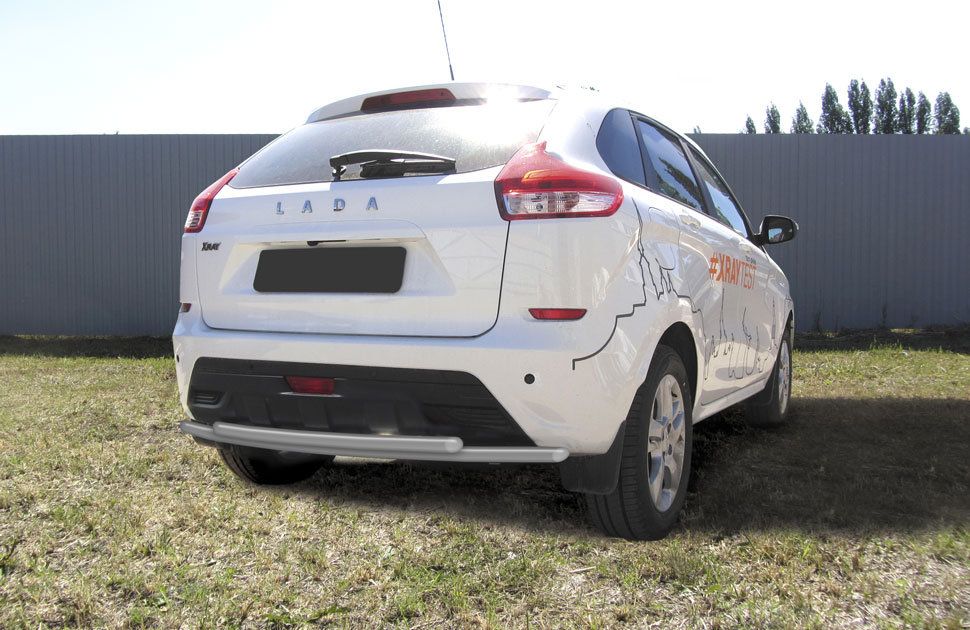 Защита Slitkoff заднего бампера d42+d42 двойная для Lada Xray 2015-2026 Серебристая. Артикул LadXR013S
