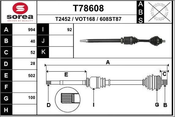 Полуось (привод в сборе, приводной вал) EAI. Артикул T78608