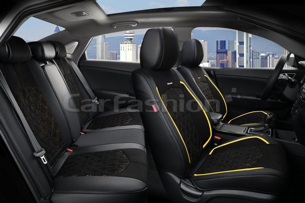 Чехлы универсальные каркасные CarFashion 5D Diamond Plus на сидения авто, цвет Черный/Черный/Желтый . Артикул 27030