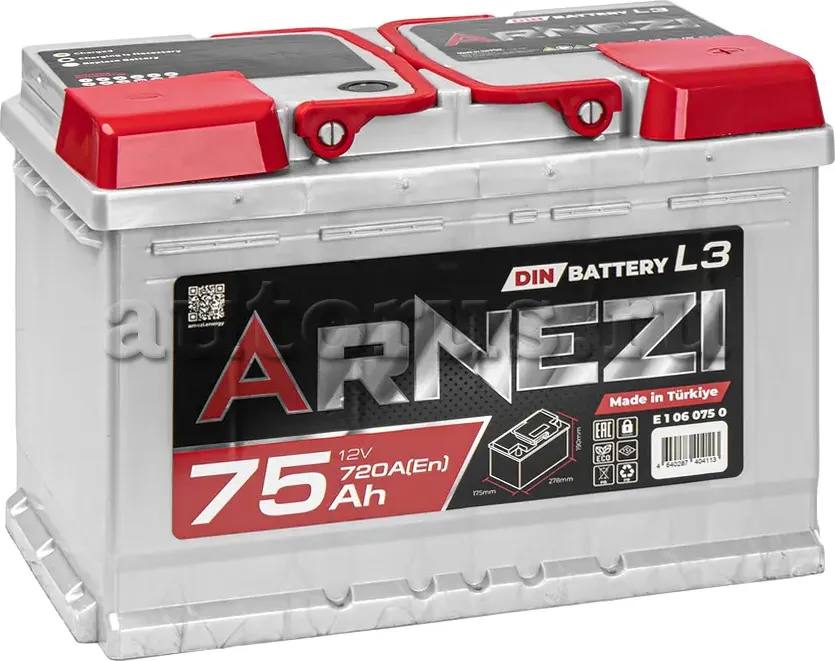 Аккумулятор Arnezi DIN SMF 75 А/ч обратный R(+) 278х175х190 L3 EN720 A Arnezi. Артикул E1060750