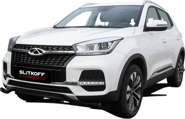 Защита Slitkoff переднего бампера d42 волна для Chery Tiggo 4 2017-2026 ЧЕРНАЯ матовая. Артикул CT4-003B