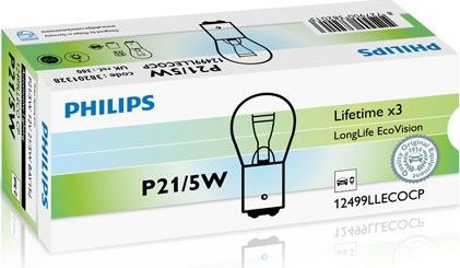 P21/5W 12V-21/5W (BAY15d) (увелич. срок службы) LongLife EcoVision Philips LongLife EcoVision. Артикул 12499LLECOCP