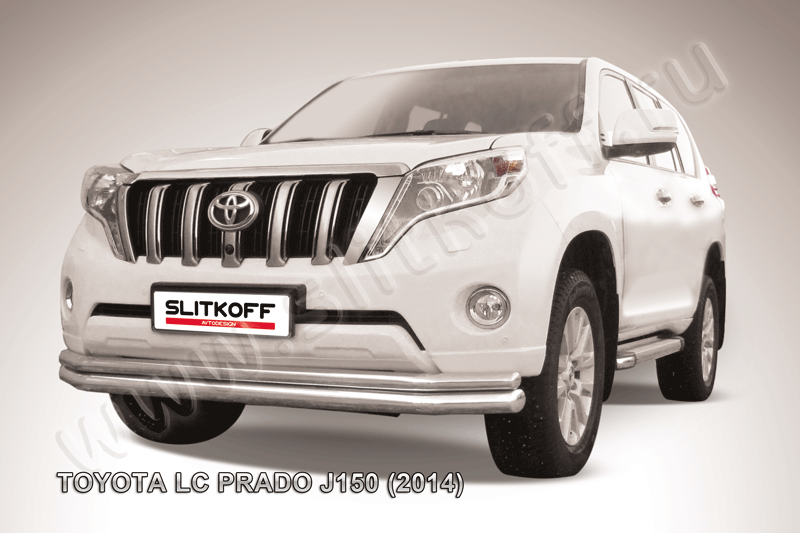 Защита Slitkoff переднего бампера d76/57 двойная длинная для Toyota Land Cruiser Prado 150 2013-2017. Артикул TOP14-006