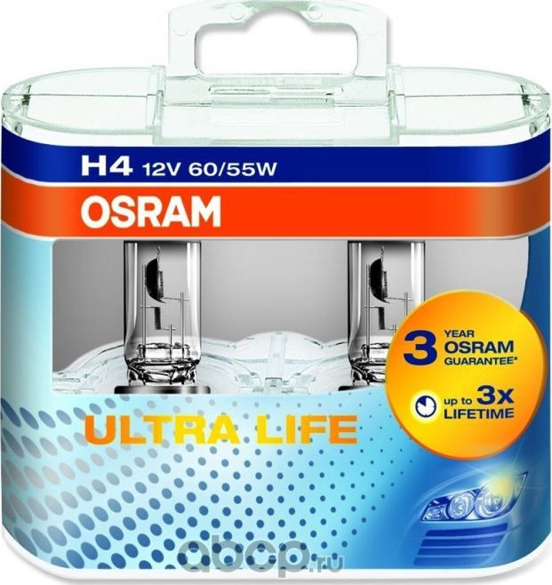 Лампа накаливания, ULTRA LIFE H4 12В 60/55Вт (Osram). Артикул 64193ULTDUOBOX