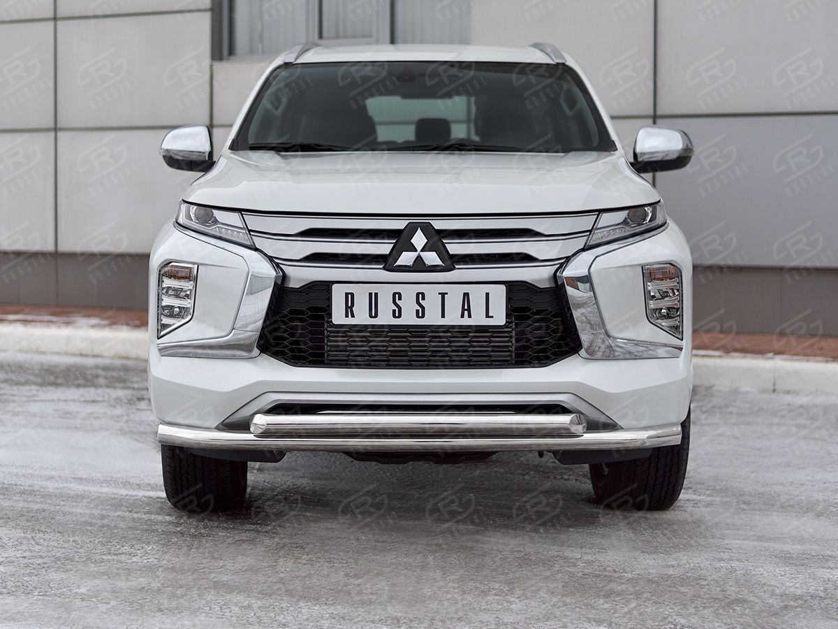 Защита RusStal переднего бампера d63 секция-d63 дуга для Mitsubishi Pajero Sport III рестайлинг 2021-2026. Артикул MPJSZ-003651
