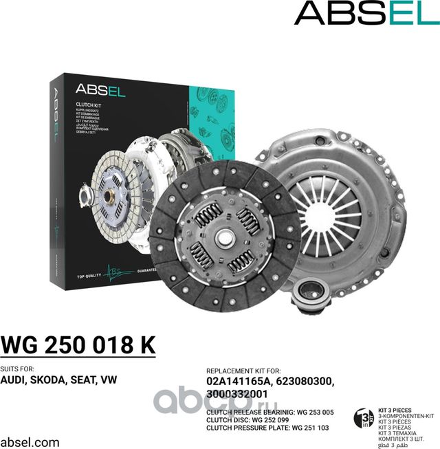 Комплект сцепления (корзина, диск, подшипник) (Absel). Артикул WG250018K