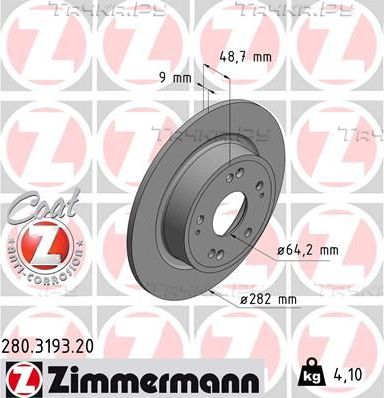 Тормозной диск Zimmermann Coat Z задний для Honda HR-V II 2015-2026. Артикул 280.3193.20