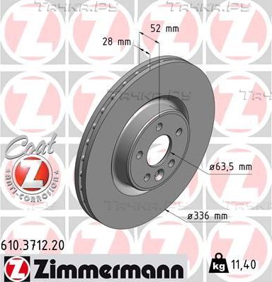 Тормозной диск Zimmermann Coat Z передний для Volvo V70 III 2007-2016. Артикул 610.3712.20