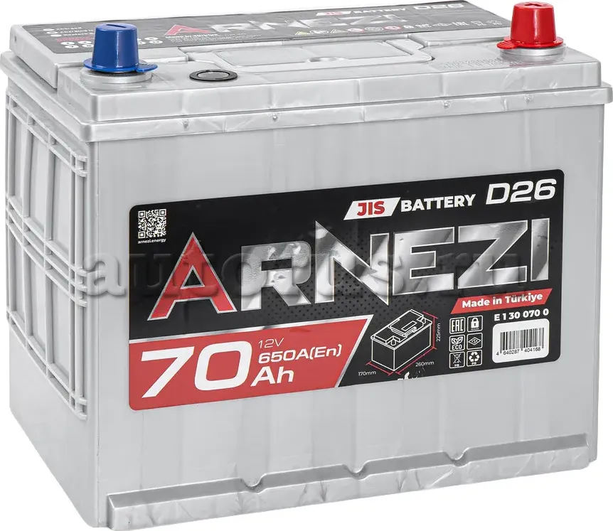 Аккумулятор Arnezi JIS SMF 70 А/ч обратный R(+) 260х170х225 D26 EN650 A Arnezi. Артикул E1300700