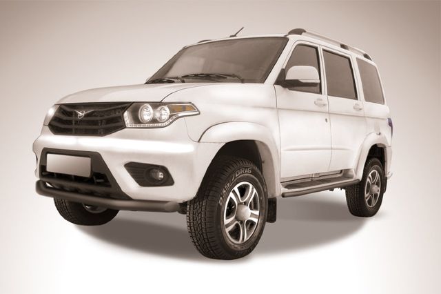 Защита Slitkoff переднего бампера d76 для УАЗ Patriot I рестайлинг 2014-2026 Черная. Артикул UP14-002B