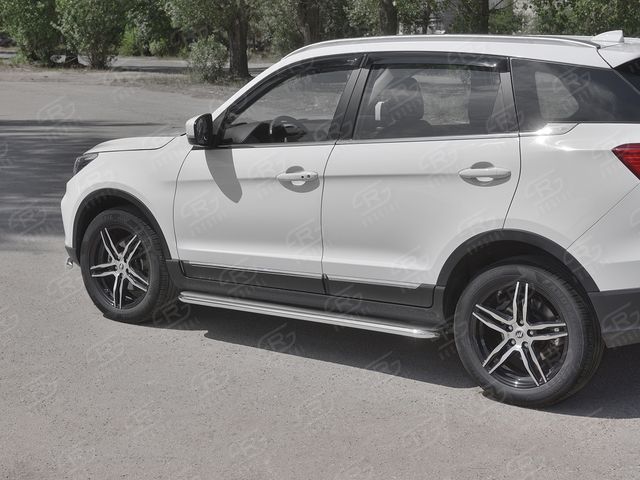 Защита порогов RusStal труба d42 с листом (Лист нерж, проф. нерж) (вариант 3) для Lifan X70 2018-2026. Артикул LF7L-0032863